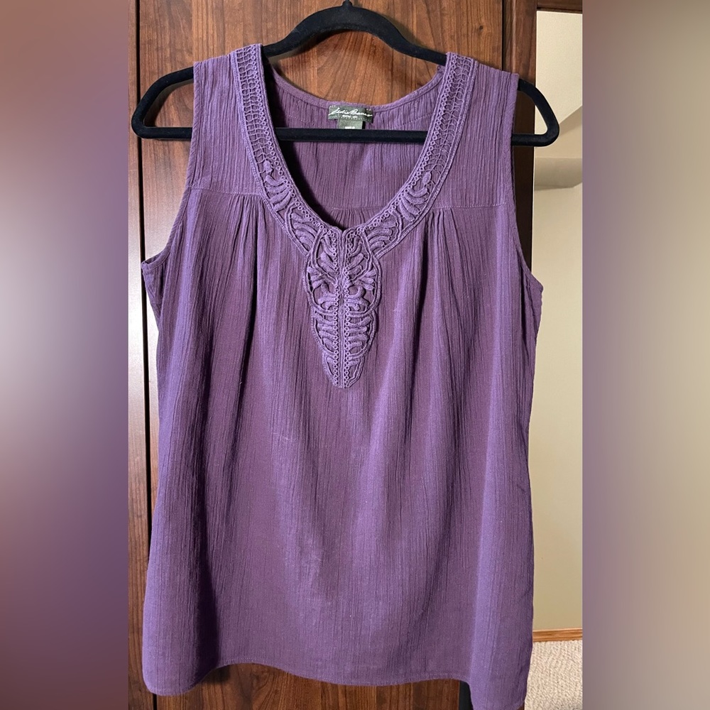 Purple Eddie Bauer 100% cotton tank top with lace detail on the neck